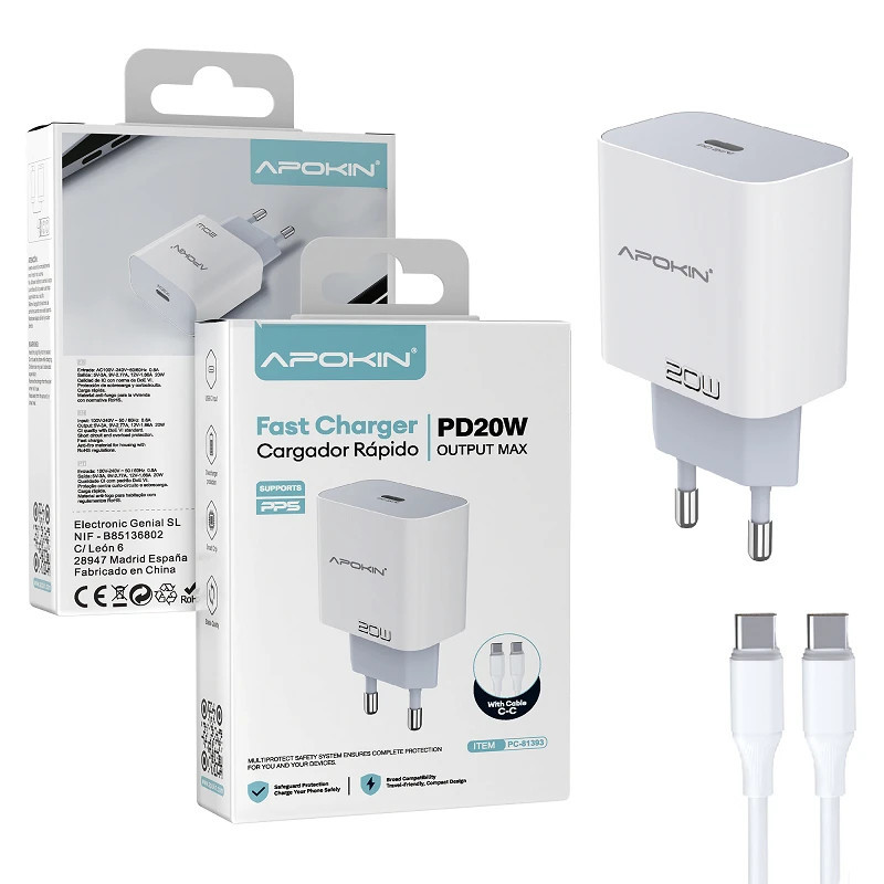 Cargador USB-C 20W con Cable Tipo-C | APOKIN PD 3.0A Rápido Cargador USB-C 20W con Cable Tipo-C | APOKIN PD 3.0A Rápido