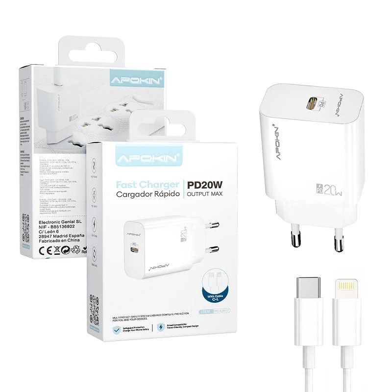 Cargador Rápido APOKIN 20W PD | Tipo-C a Lightning para iPhone Cargador Rápido APOKIN 20W PD | Tipo-C a Lightning para iPhone