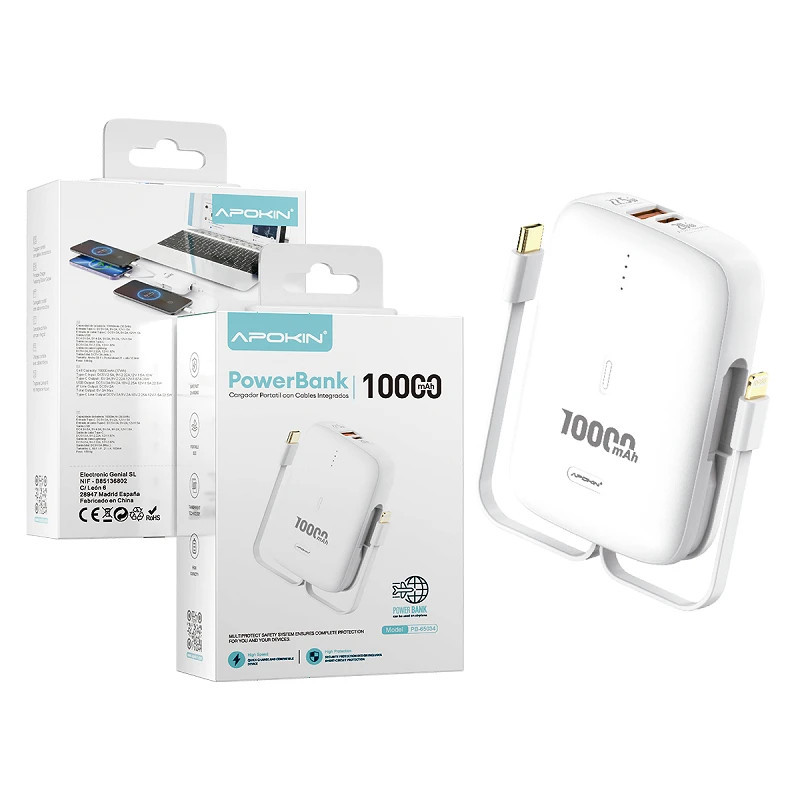 Power Bank 10,000mAh Blanco con Cable Integrado | Carga Rápida y Portátil