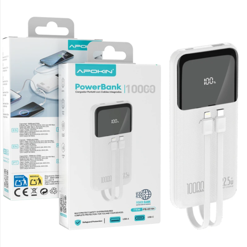 Power Bank 10,000mAh Blanco con Cable Integrado | Carga Rápida y Portátil